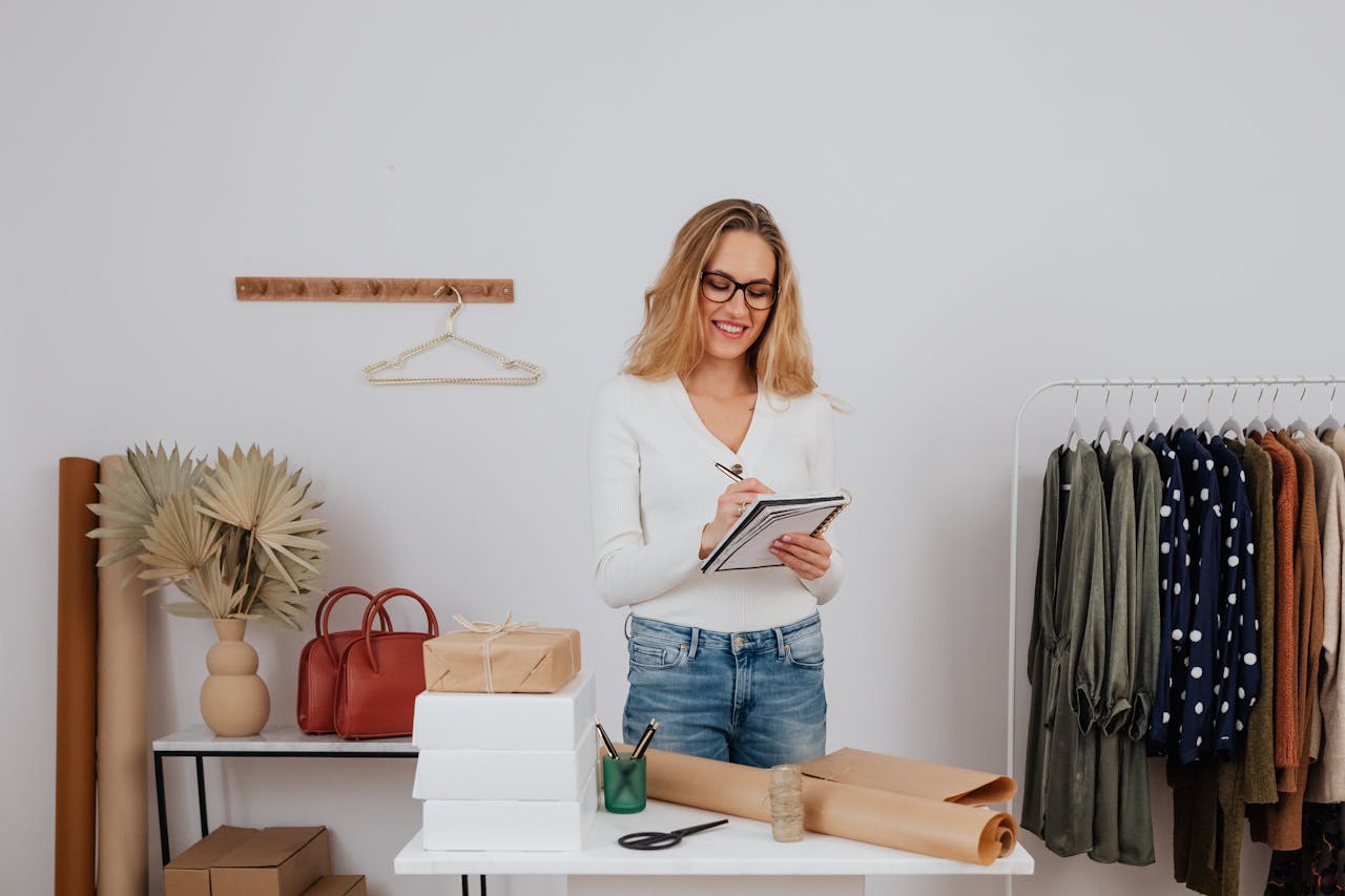 Woman in white long sleeves working in a chic boutique with clothing rack and gifts.